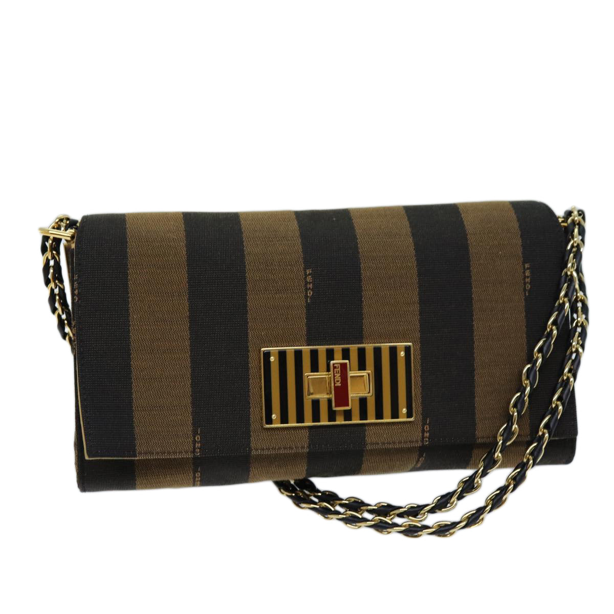 FENDI Pecan Canvas Chain Shoulder Bag Brown Black 73036
