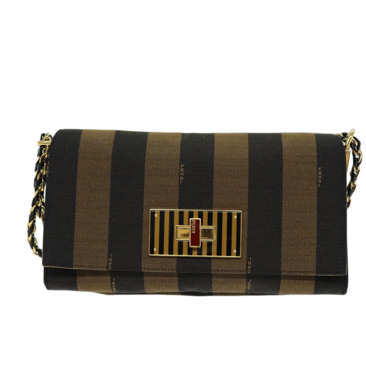 FENDI Pecan Canvas Chain Shoulder Bag Brown Black 73036