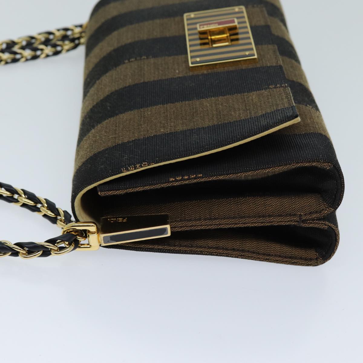FENDI Pecan Canvas Chain Shoulder Bag Brown Black 73036