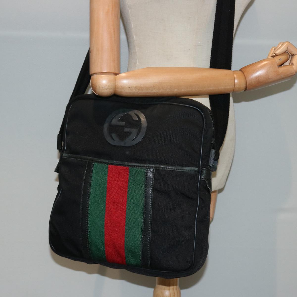 GUCCI Web Sherry Line Shoulder Bag Nylon Black Red Green 181061 73226