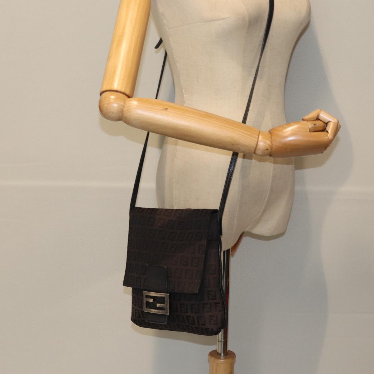 FENDI Zucchino Canvas Mamma Baguette Shoulder Bag Black 74484