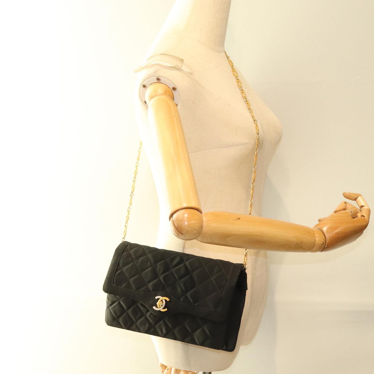 CHANEL Matelasse Chain Shoulder Bag Satin Paris limited Black CC 74757A