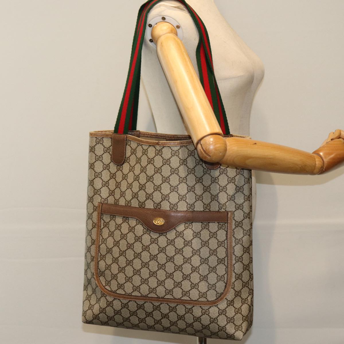 GUCCI GG Supreme Web Sherry Line Tote Bag PCVLeather Beige 39 02 003 75358