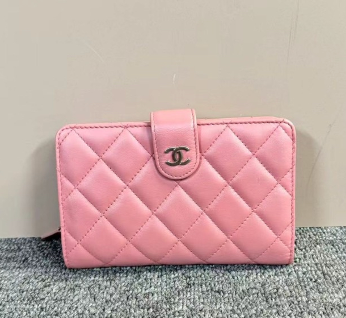Chanel Pink Lambskin Quilted Zipped Pocket Wallet