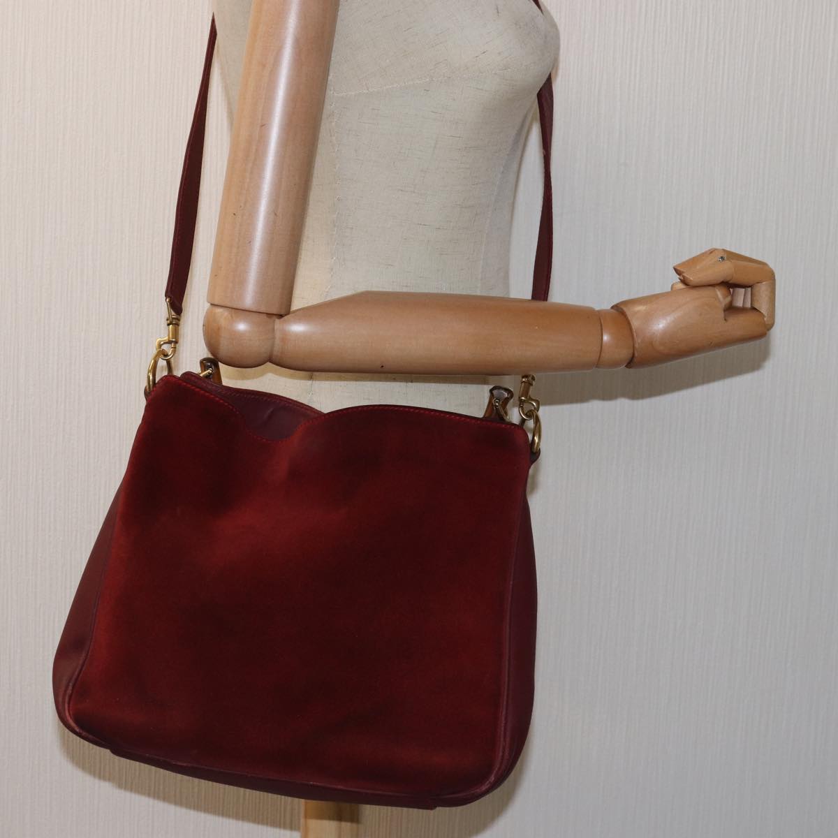 GUCCI Bamboo Shoulder Bag Suede 2way Red 001 1705 1638 75962