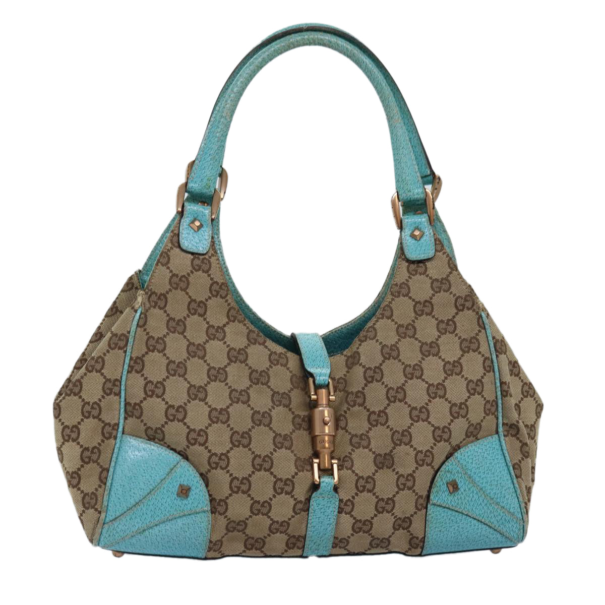 GUCCI GG Canvas Jackie Shoulder Bag Beige Light Blue 124407 75970