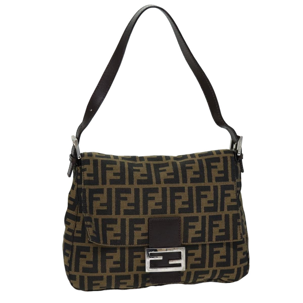 FENDI Zucca Canvas Mamma Baguette Shoulder Bag Black Brown 76009
