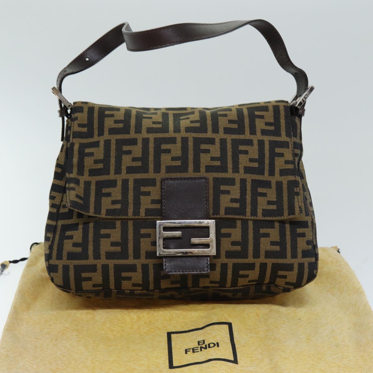 FENDI Zucca Canvas Mamma Baguette Shoulder Bag Black Brown 76009
