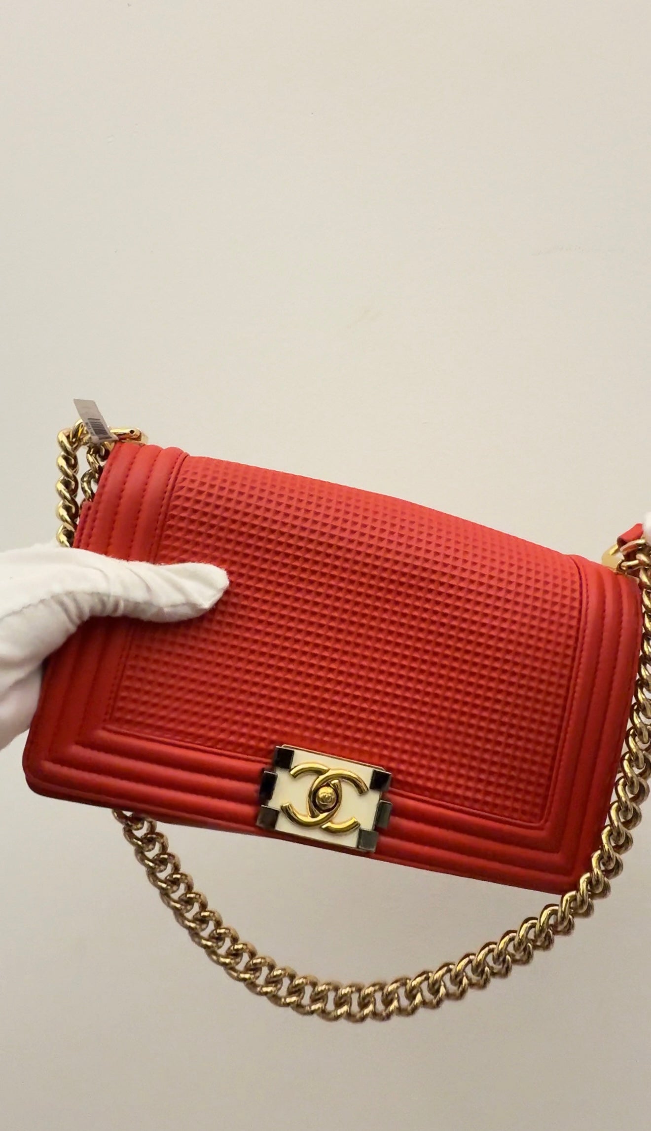 Chanel Boy Flap Bag Cube Embossed Lambskin Old Medium Red B23-65