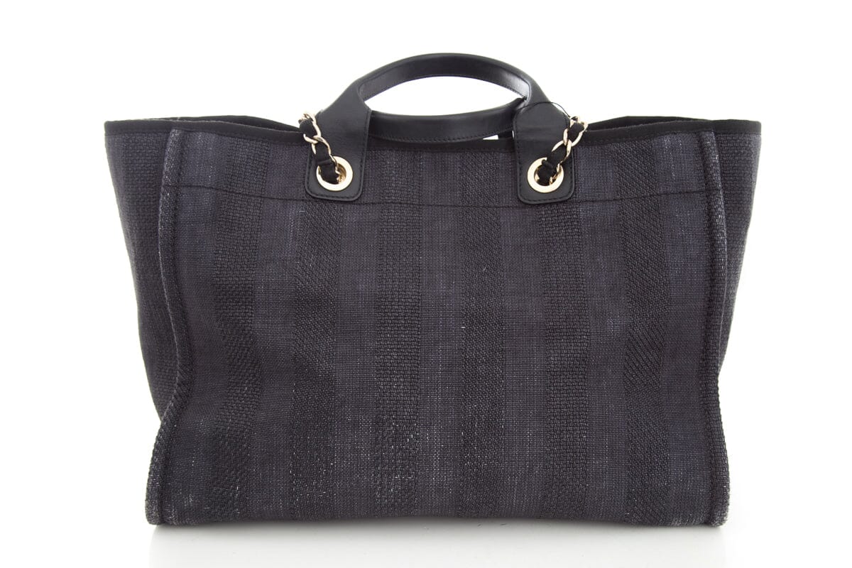 Chanel Chambray and Black Raffia Large Deauville Shopping Tote