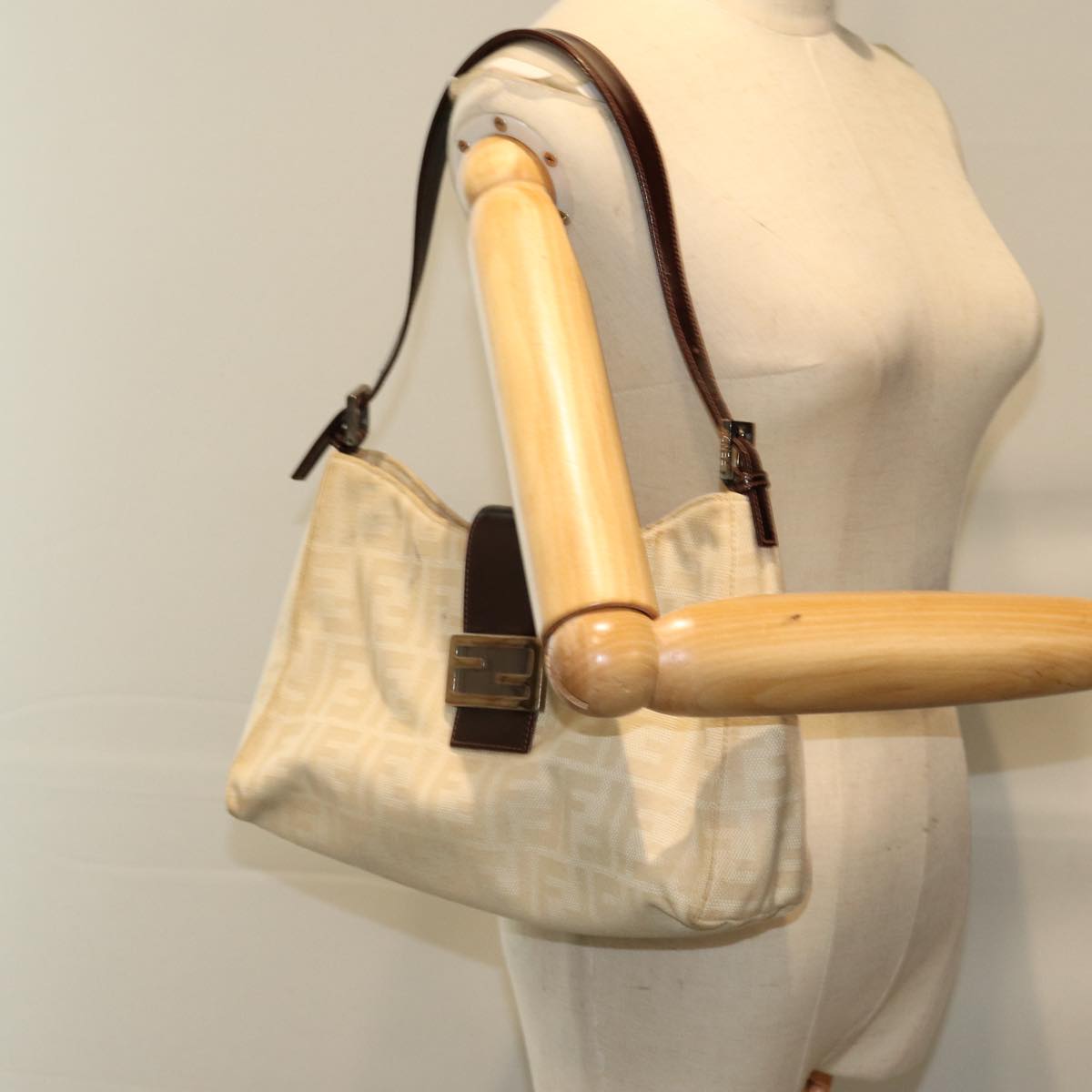 FENDI Zucca Canvas Mamma Baguette Shoulder Bag Beige 76561