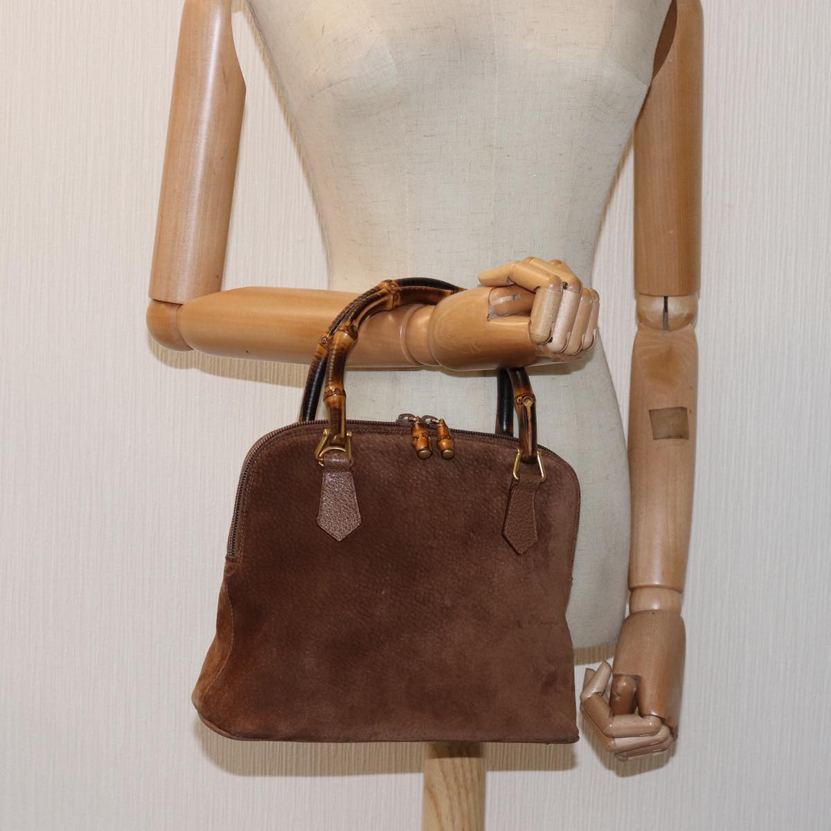 GUCCI Bamboo Hand Bag Suede Brown 76832