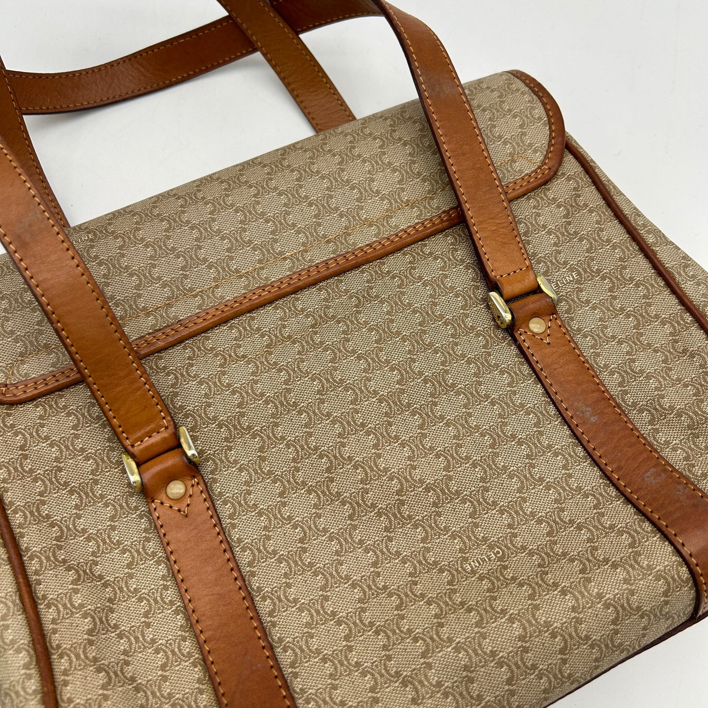 Celine Macadam Beige Brown Canvas Leather Handbag Medium