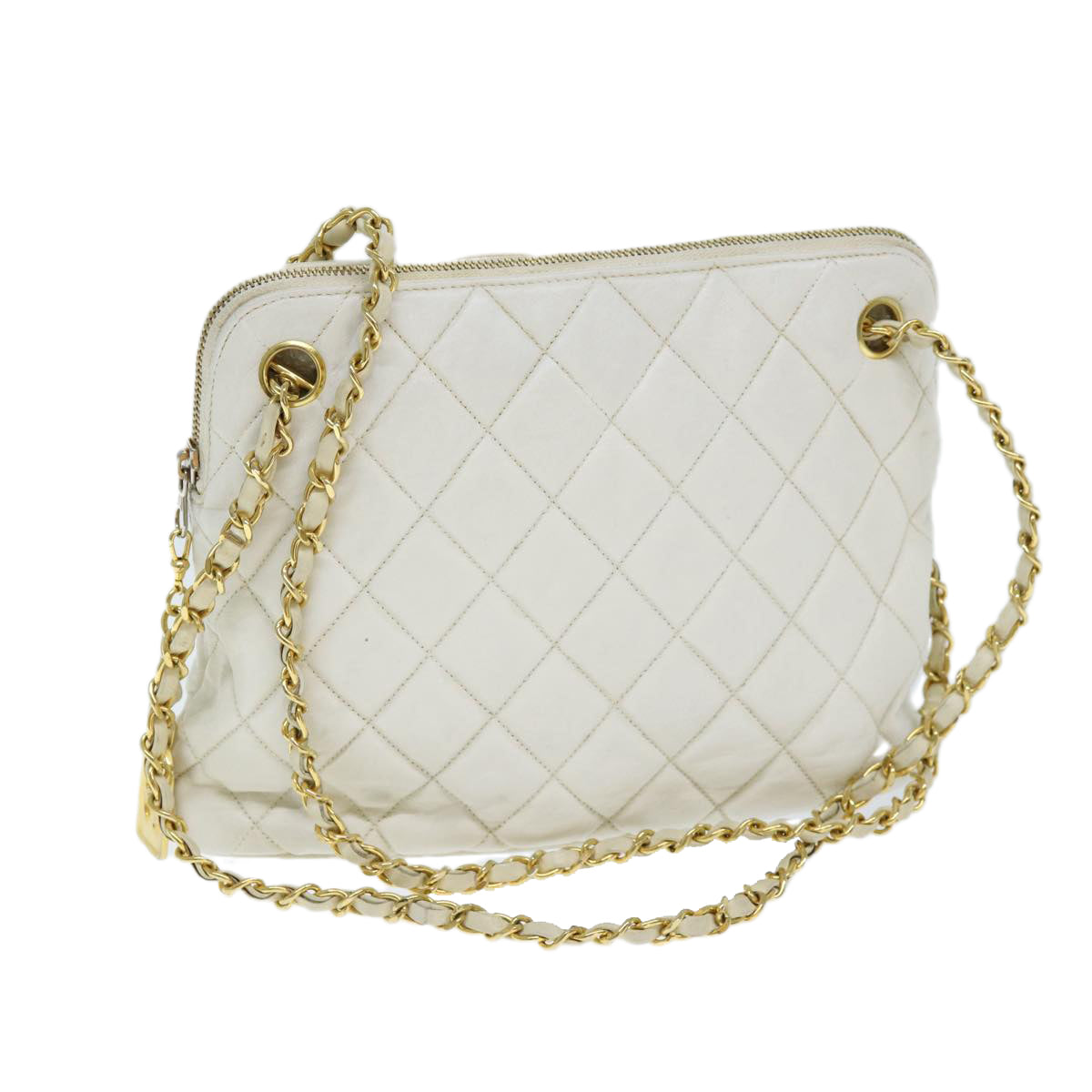 CHANEL Matelasse Chain Shoulder Bag Leather White CC 77469