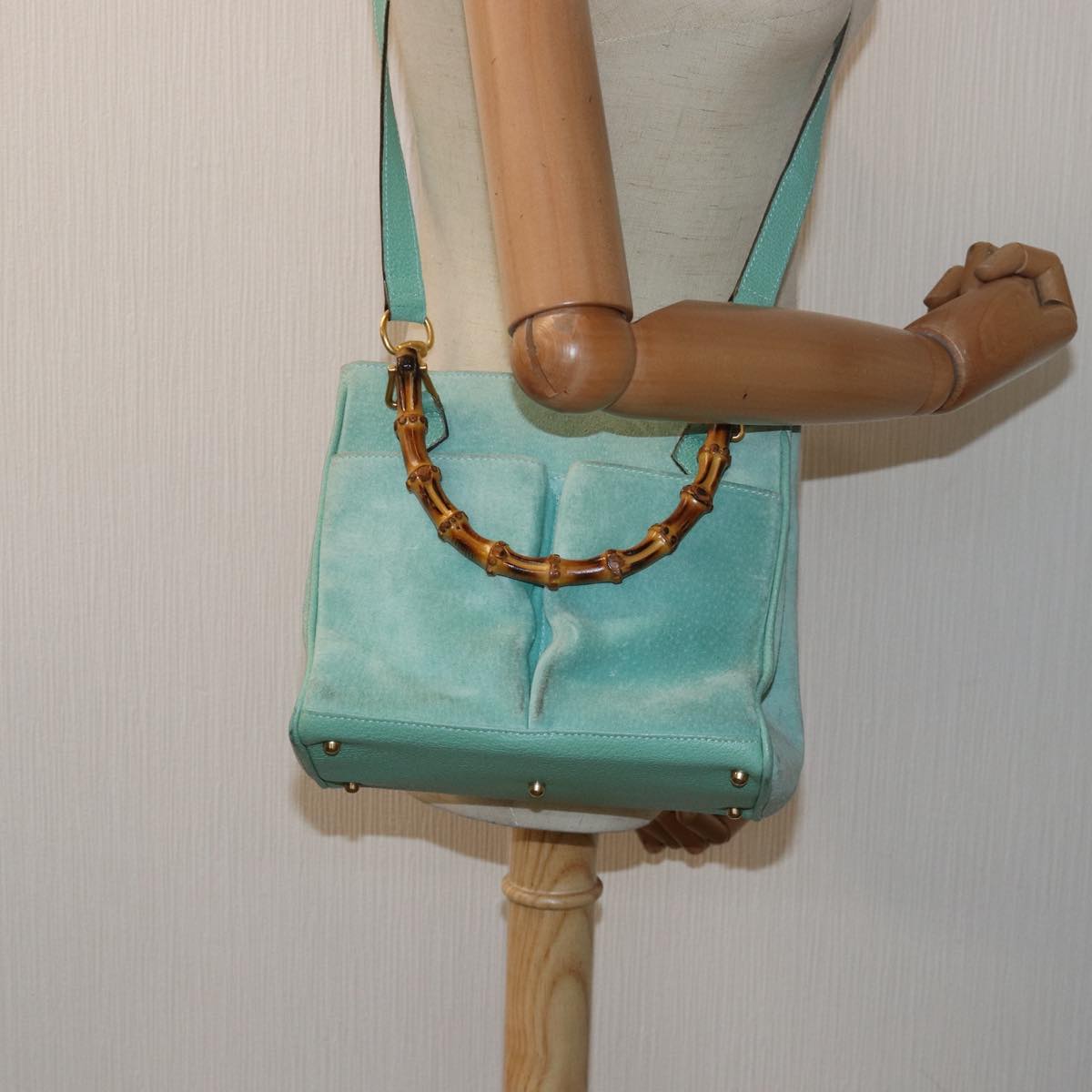 GUCCI Bamboo Hand Bag Suede 2way Light Blue 000 122 0316 78217