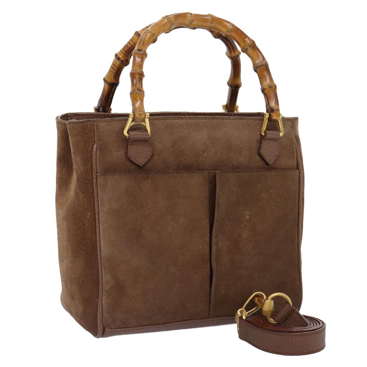 GUCCI Bamboo Hand Bag Suede 2way Brown Gold 78573