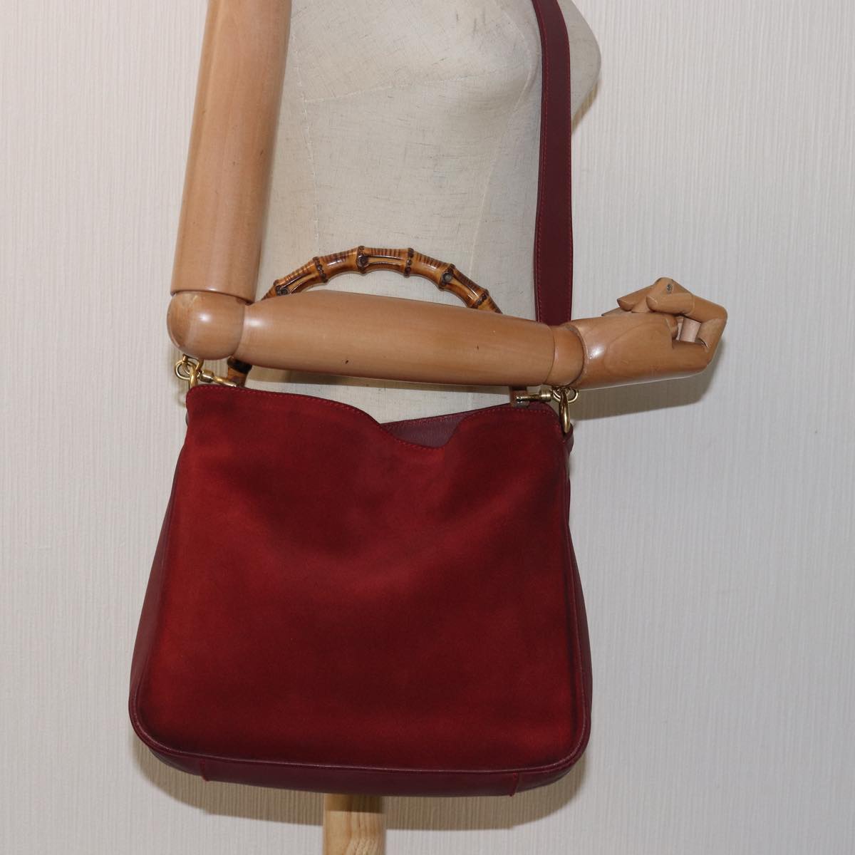GUCCI Bamboo Hand Bag Suede 2way Red 001 1638 79161