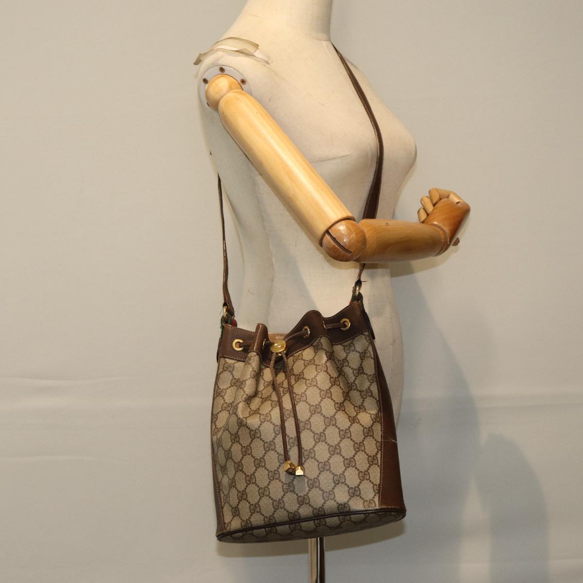 GUCCI GG Supreme Web Sherry Line Shoulder Bag PVC Leather Beige 79176