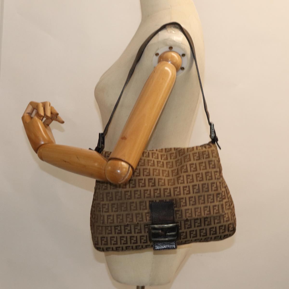 FENDI Zucchino Canvas Mamma Baguette Shoulder Bag Brown 79849