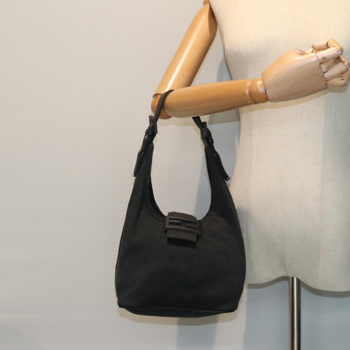 FENDI Mamma Baguette Shoulder Bag Nylon Gray 80089