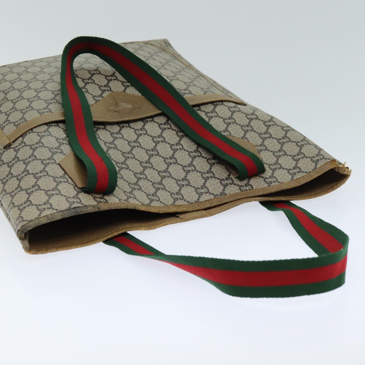 GUCCI GG Plus Supreme Web Sherry Line Tote Bag PVC Leather Beige 80181