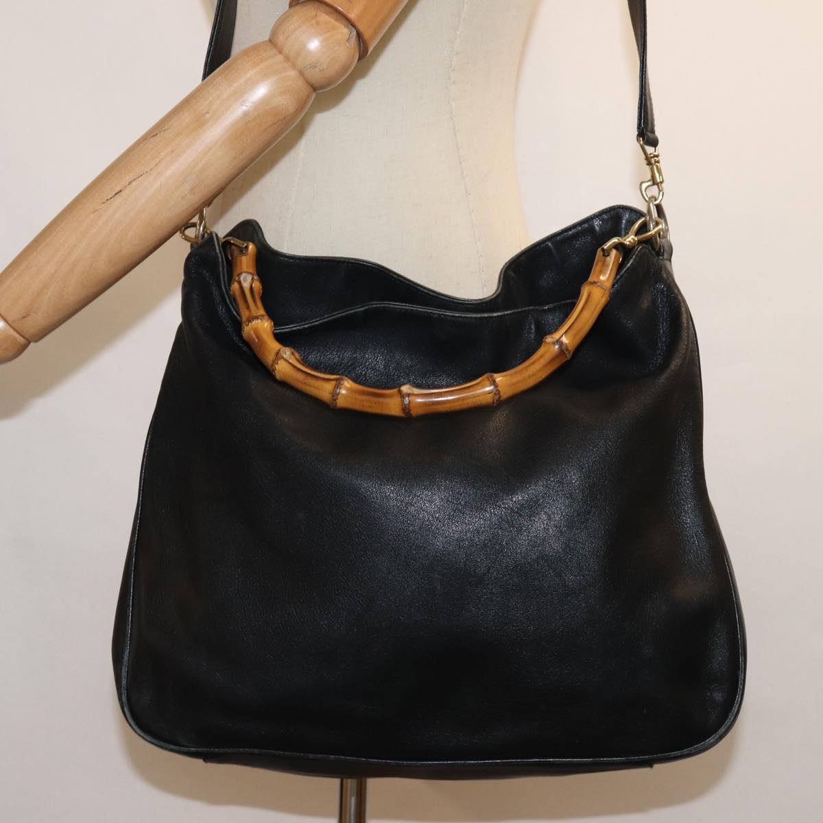 GUCCI Bamboo Shoulder Bag Leather 2way Black 001 1377 3754 80844