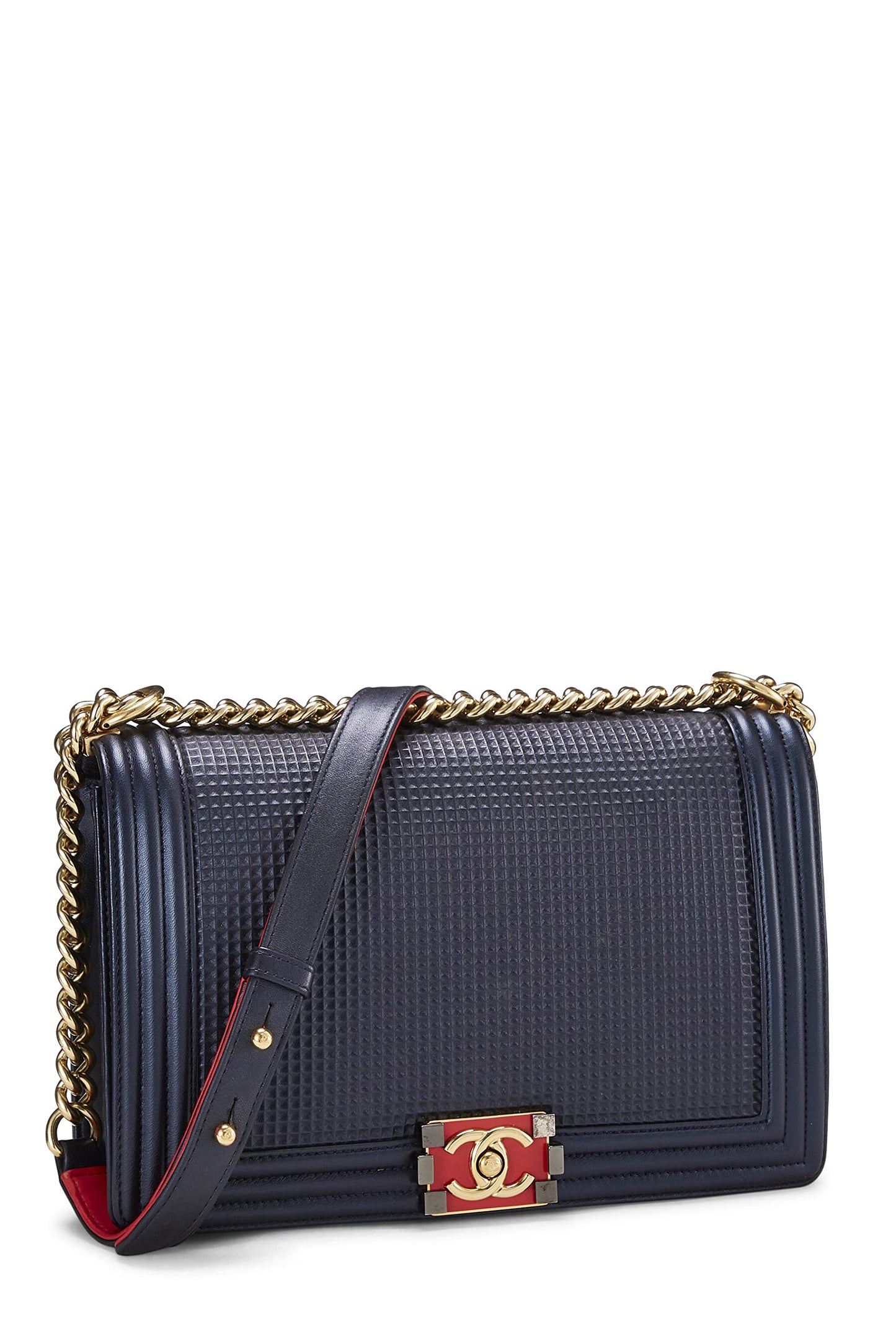 Chanel,  Navy Cube Embossed Calfskin Boy Bag Large, Navy