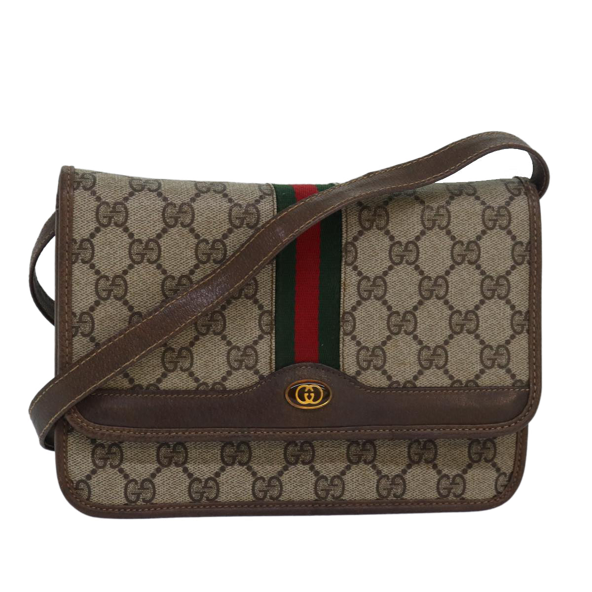GUCCI GG Supreme Web Sherry Line Shoulder Bag PVC Leather Beige Red 81049