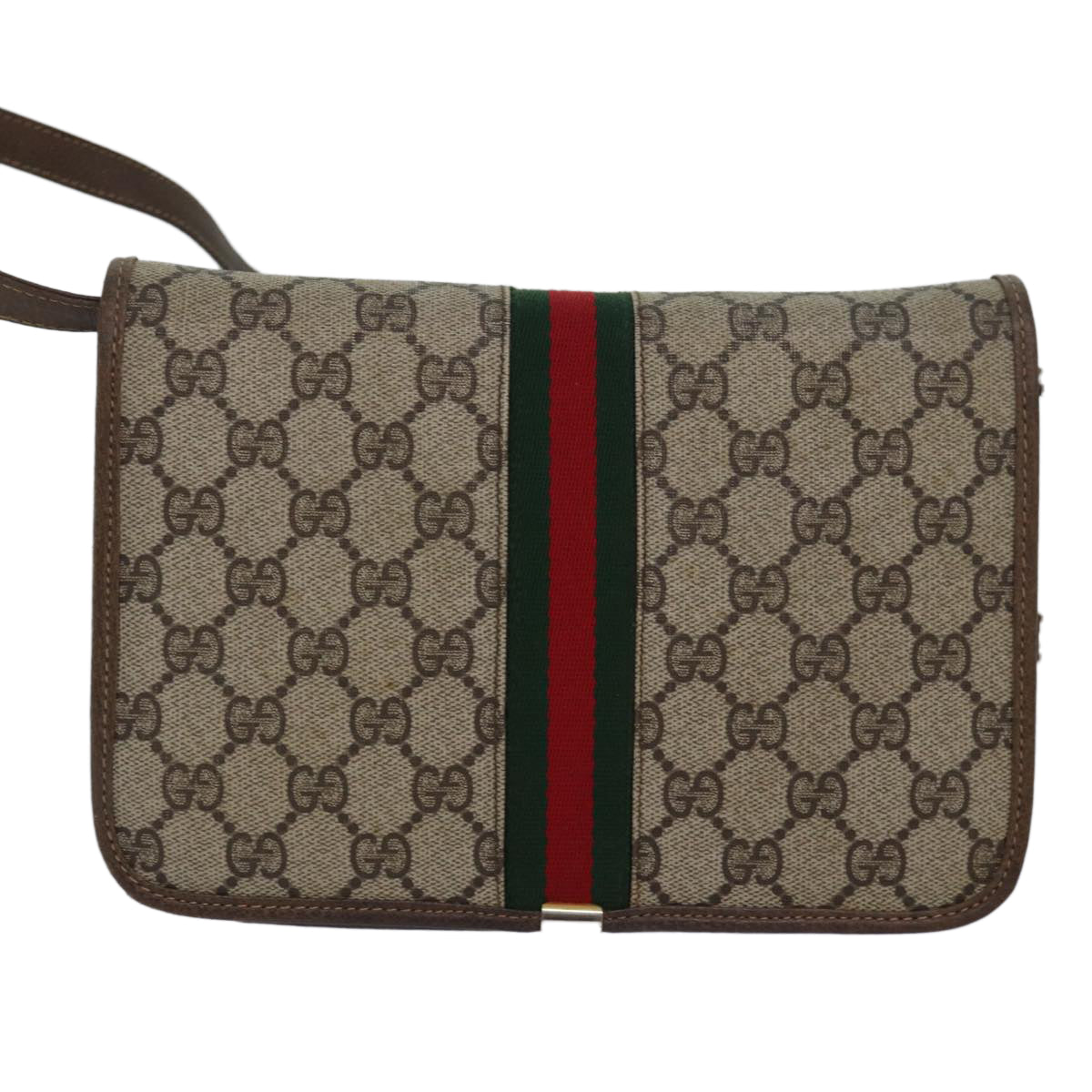 GUCCI GG Supreme Web Sherry Line Shoulder Bag PVC Leather Beige Red 81049