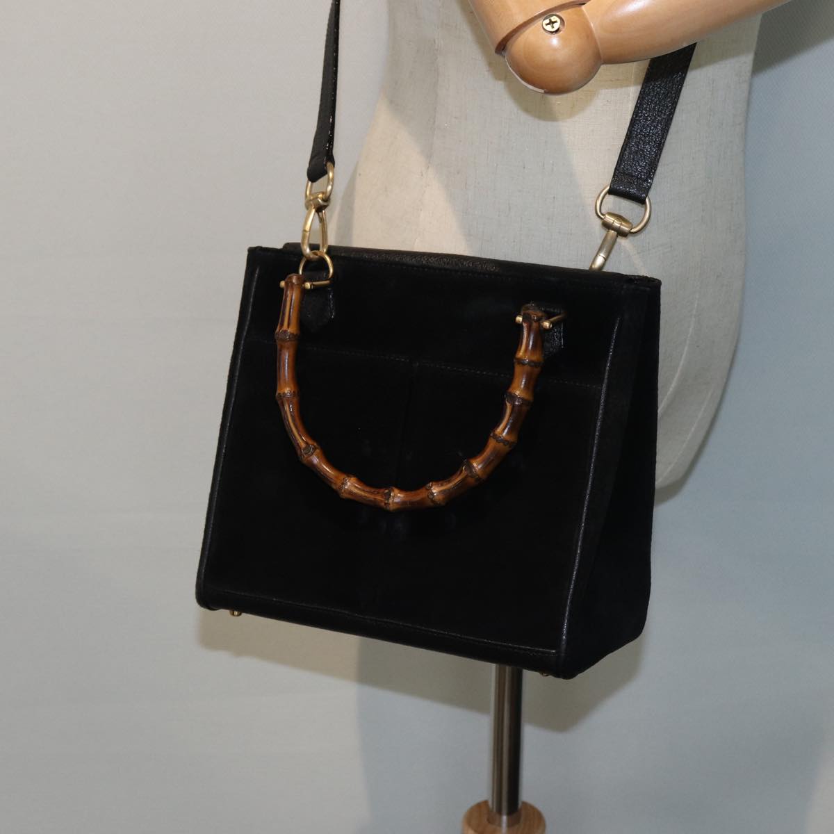 GUCCI Bamboo Hand Bag Suede 2way Black 81161
