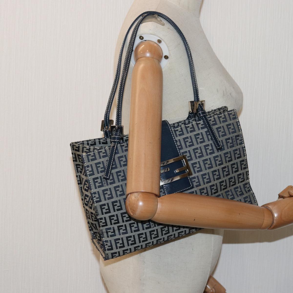 FENDI Zucchino Canvas Mamma Baguette Hand Bag Navy 81442