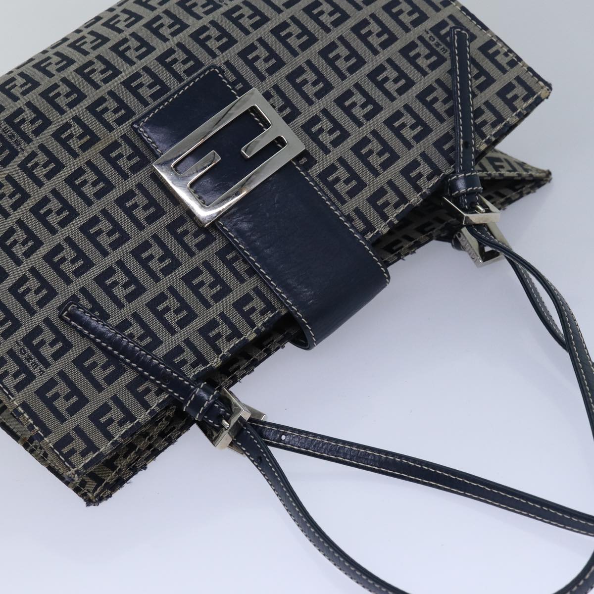 FENDI Zucchino Canvas Mamma Baguette Hand Bag Navy 81442