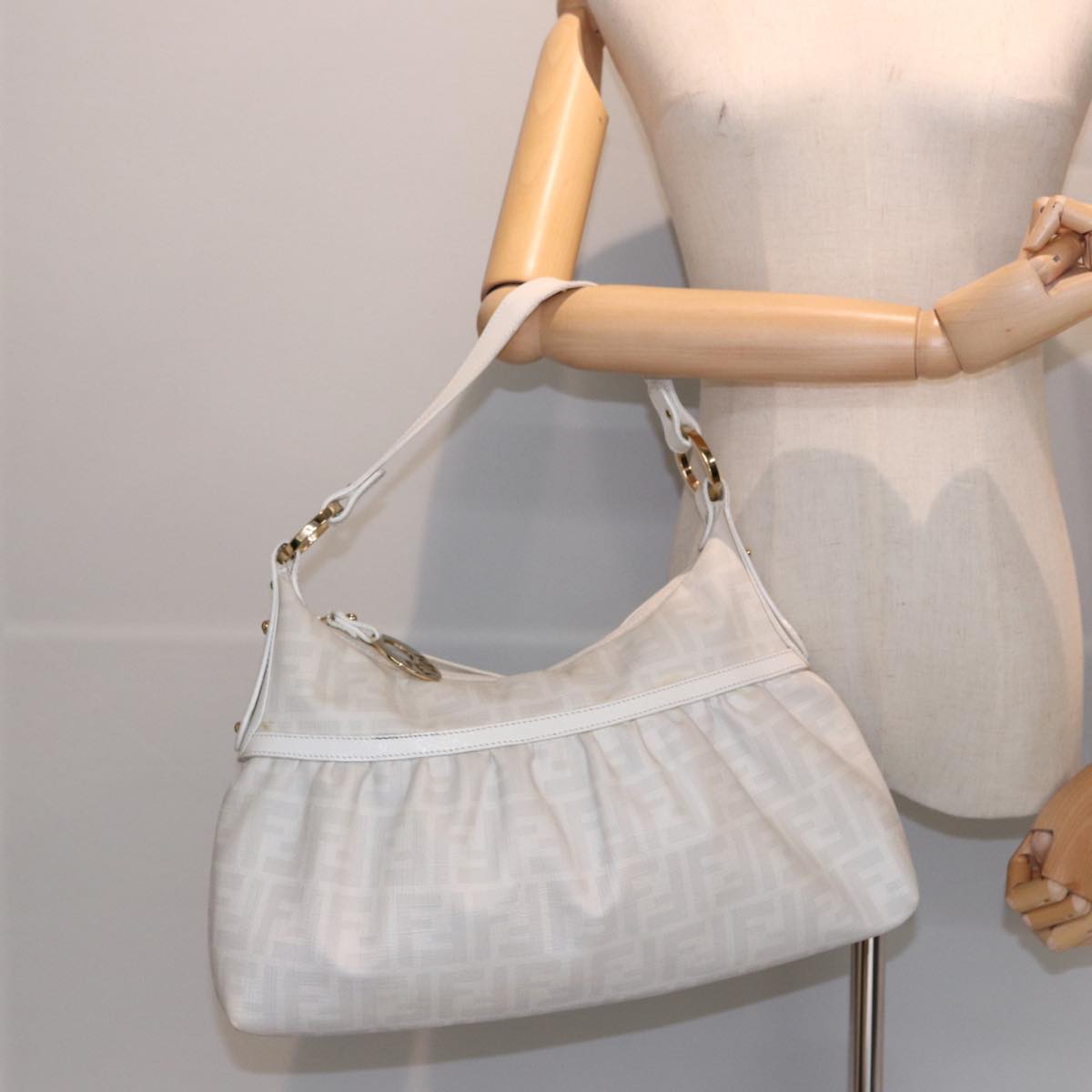 FENDI Zucca Canvas Shoulder Bag PVC Leather White 8BR448 81645