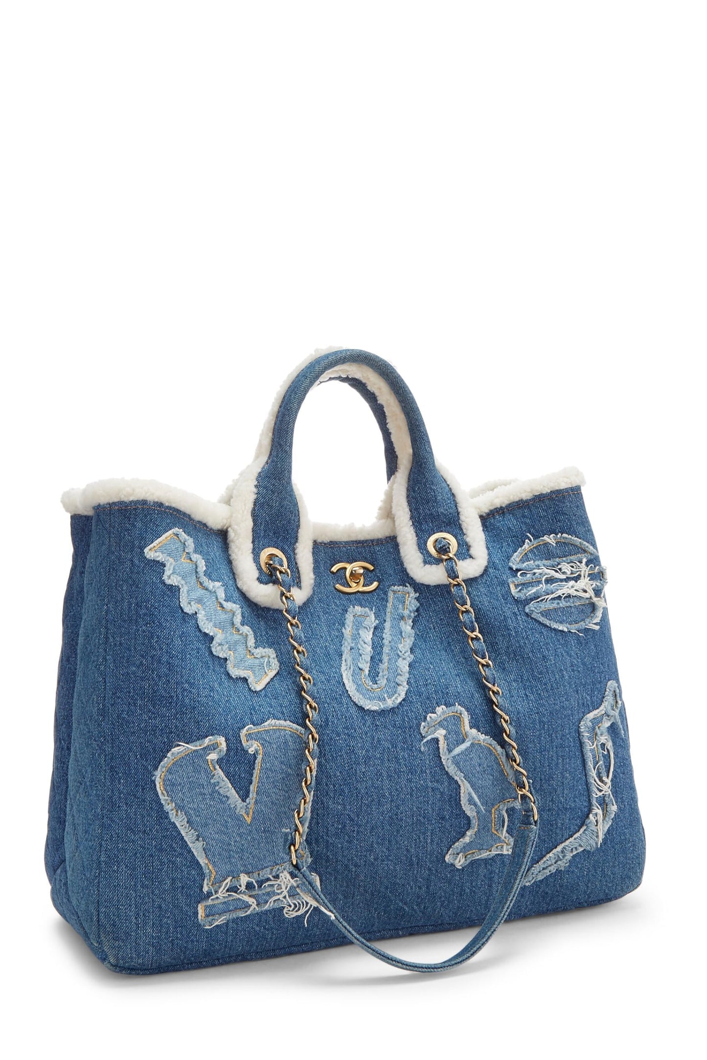 Chanel,  Paris-Egypt Blue Denim & Shearling Hieroglyph Shopping Tote, Blue