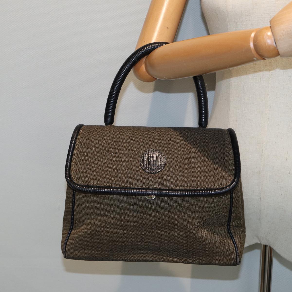 FENDI Pecan Canvas Hand Bag Brown Black 81839