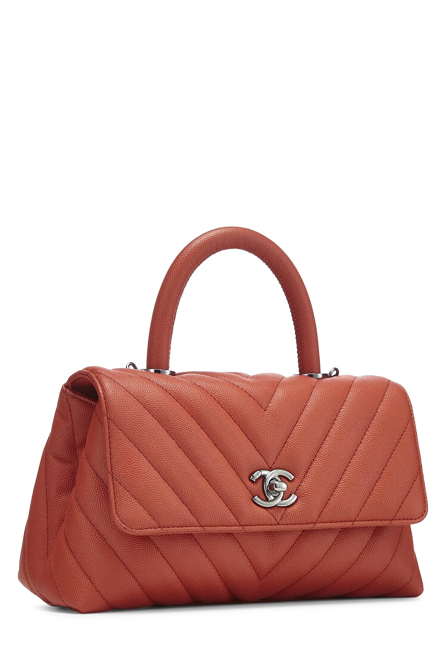 Chanel,  Orange Chevron Caviar Coco Handle Bag Small, Orange