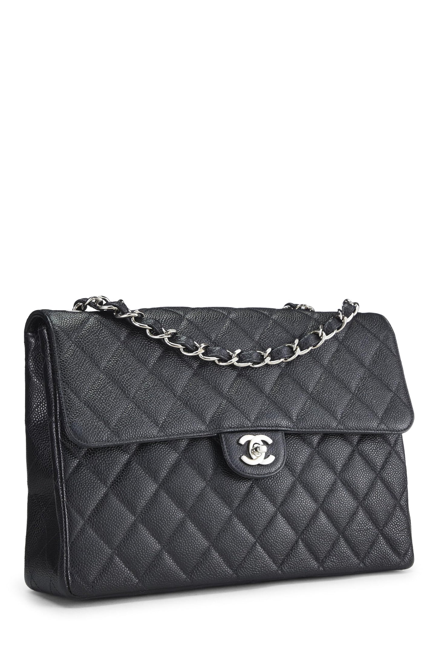 Chanel,  Black Quilted Caviar Half Flap Jumbo, Black