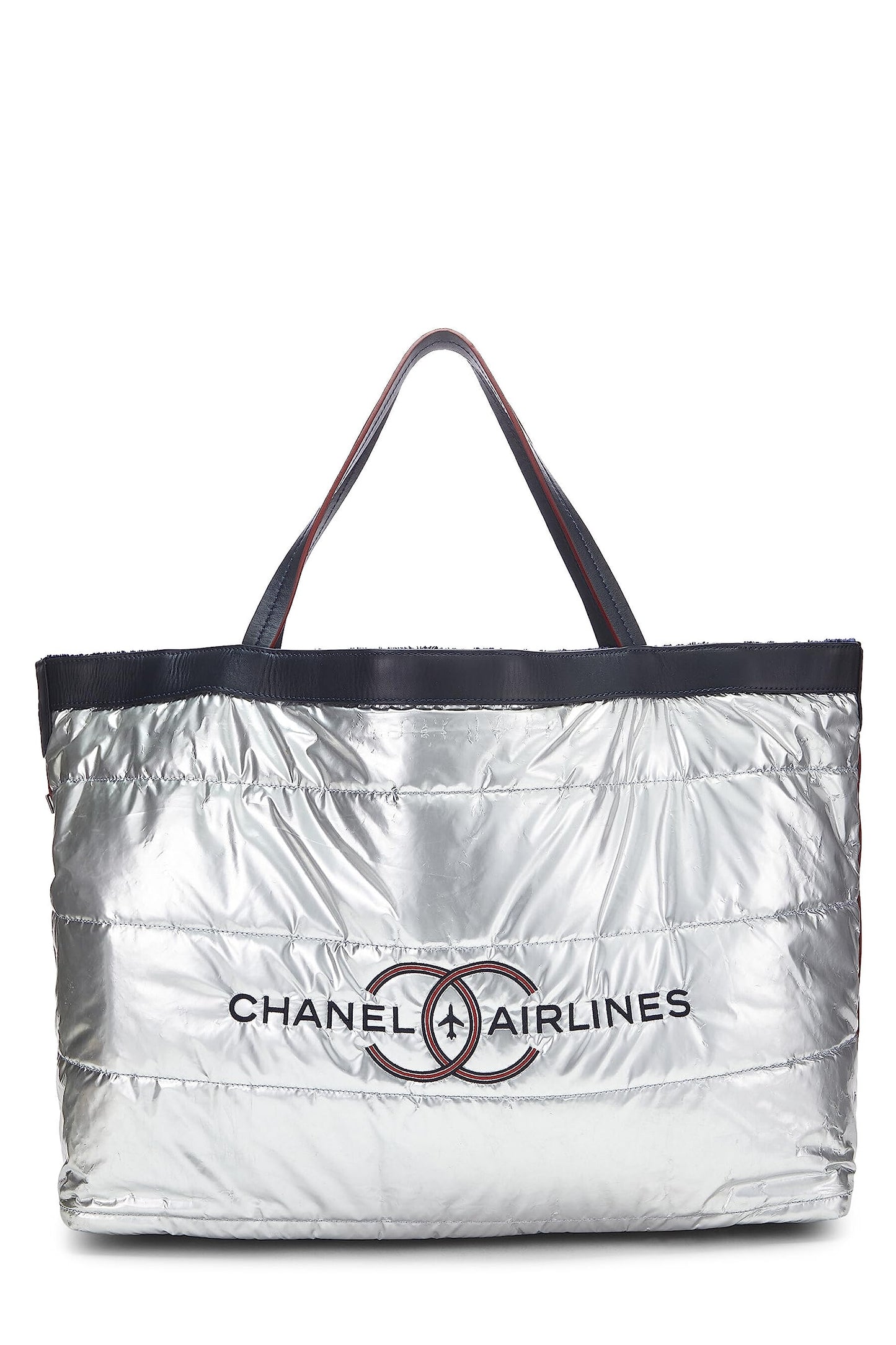 Chanel,  Navy Terry Cloth & Silver Nylon Reversible Airlines Tote Large, Silver