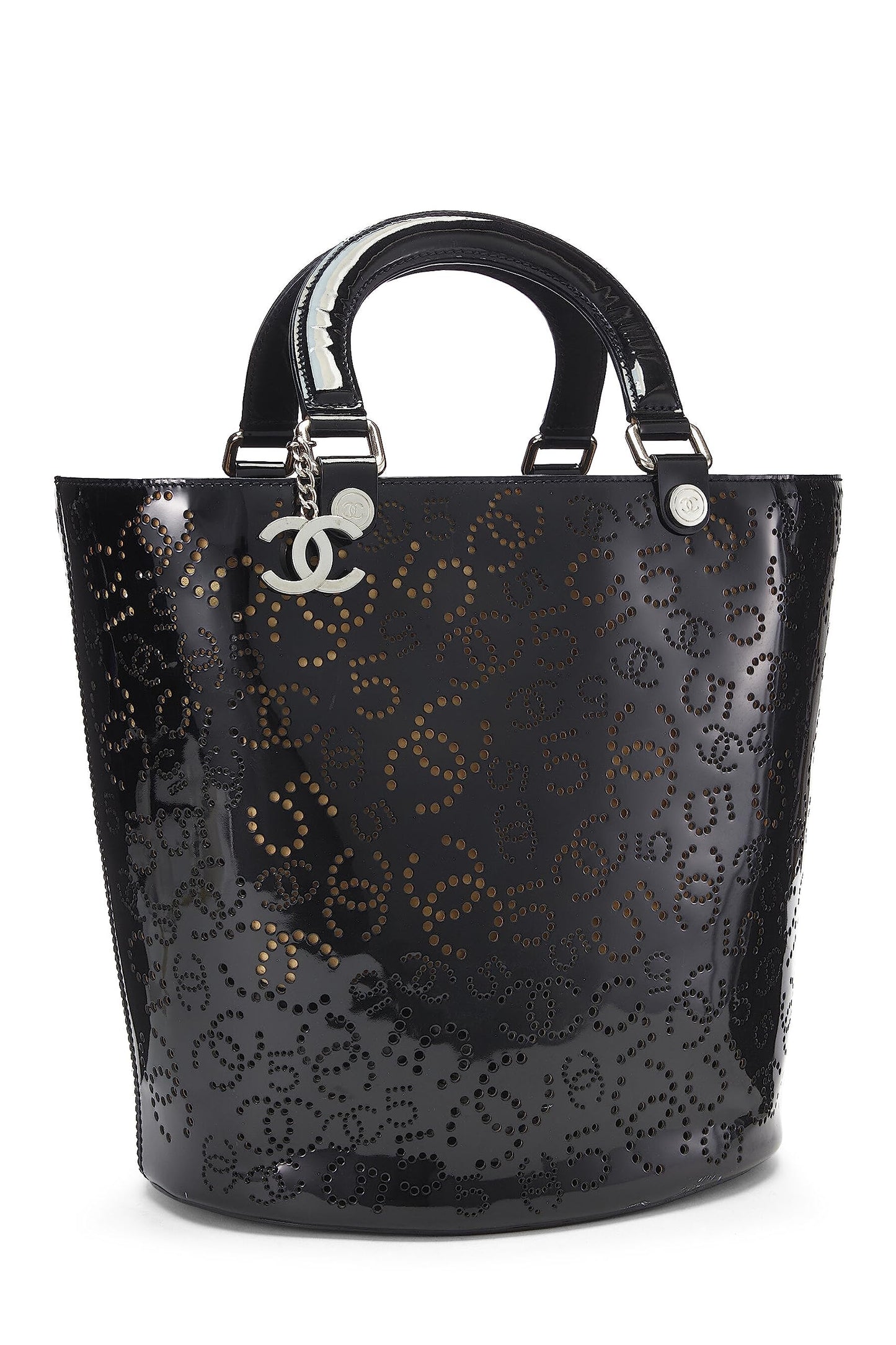 Chanel,  Black Perforated Patent Leather Vertical Bucket Tote, Black