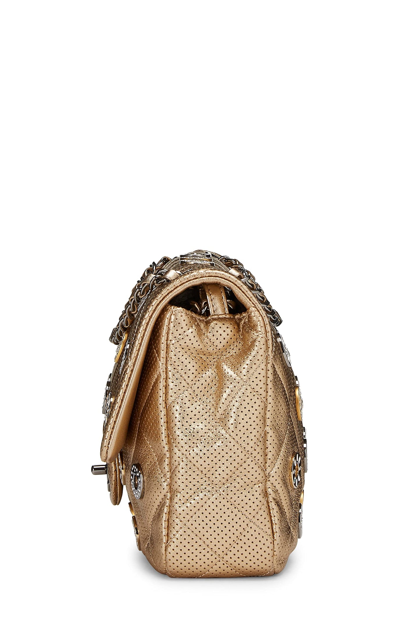 Chanel,  Paris-Dubai Gold Perforated Leather Medals Flap Jumbo, Gold