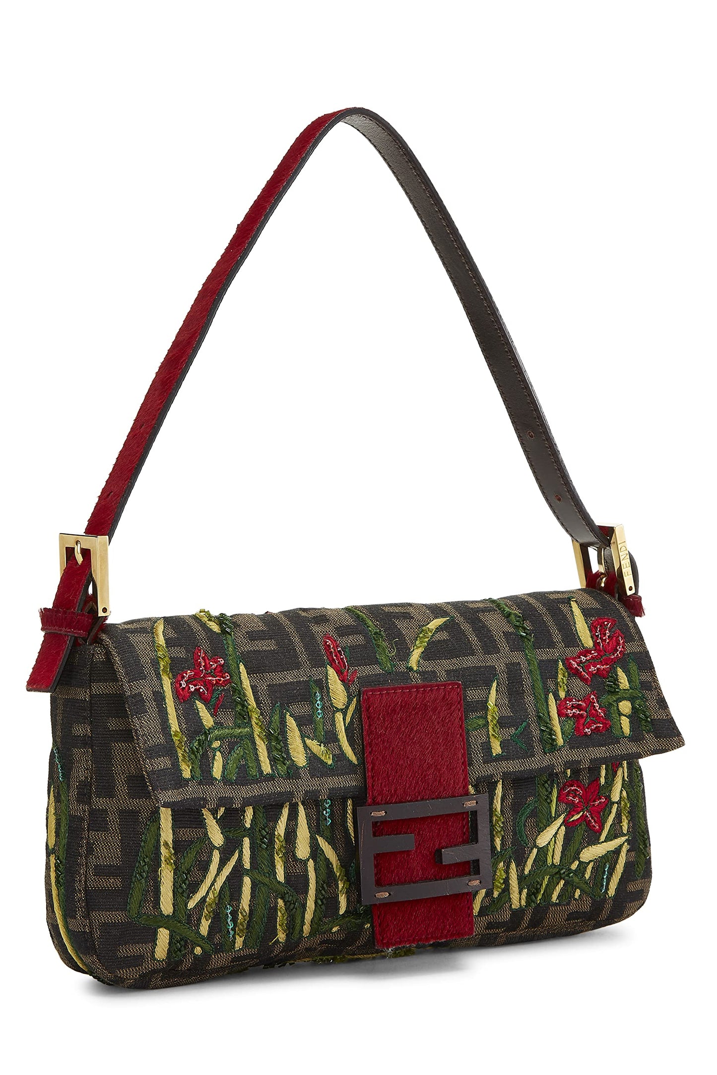 Fendi,  Brown Zucca Canvas Embroidered Baguette, Red