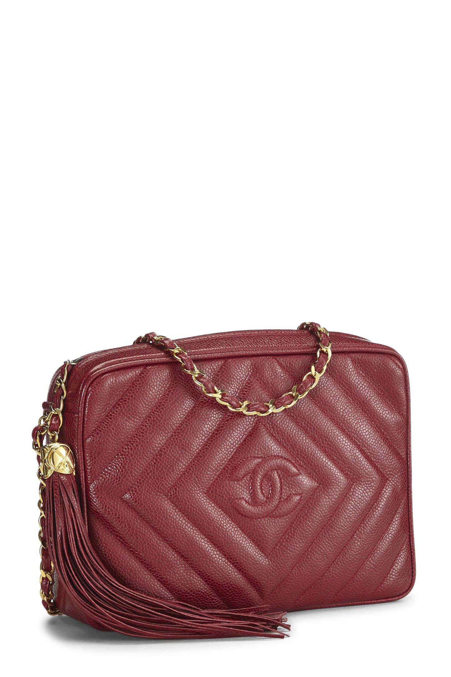Chanel,  Red Caviar Diamond 'CC' Camera Bag Large, Burgundy