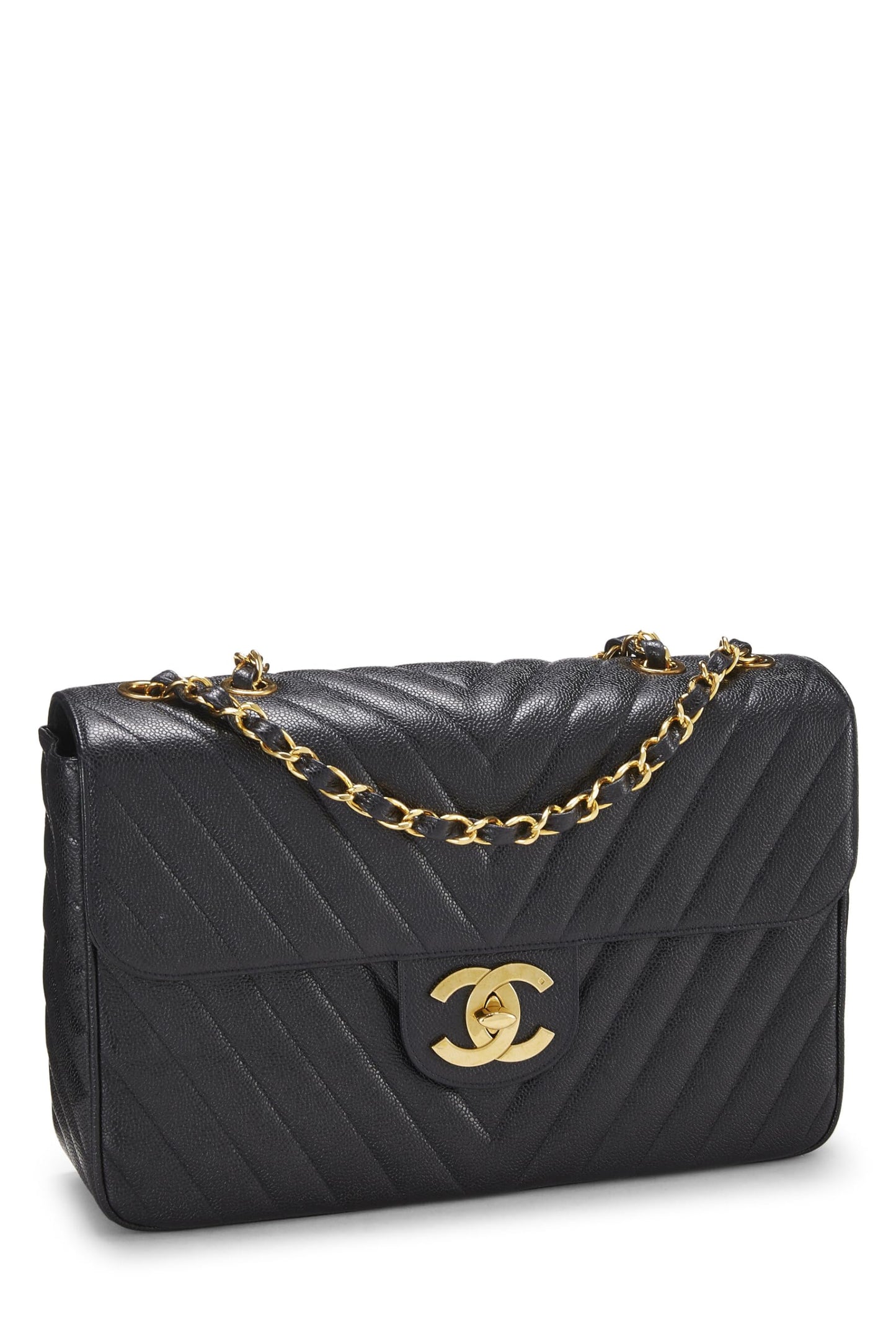 Chanel,  Black Chevron Caviar Half Flap Maxi, Black
