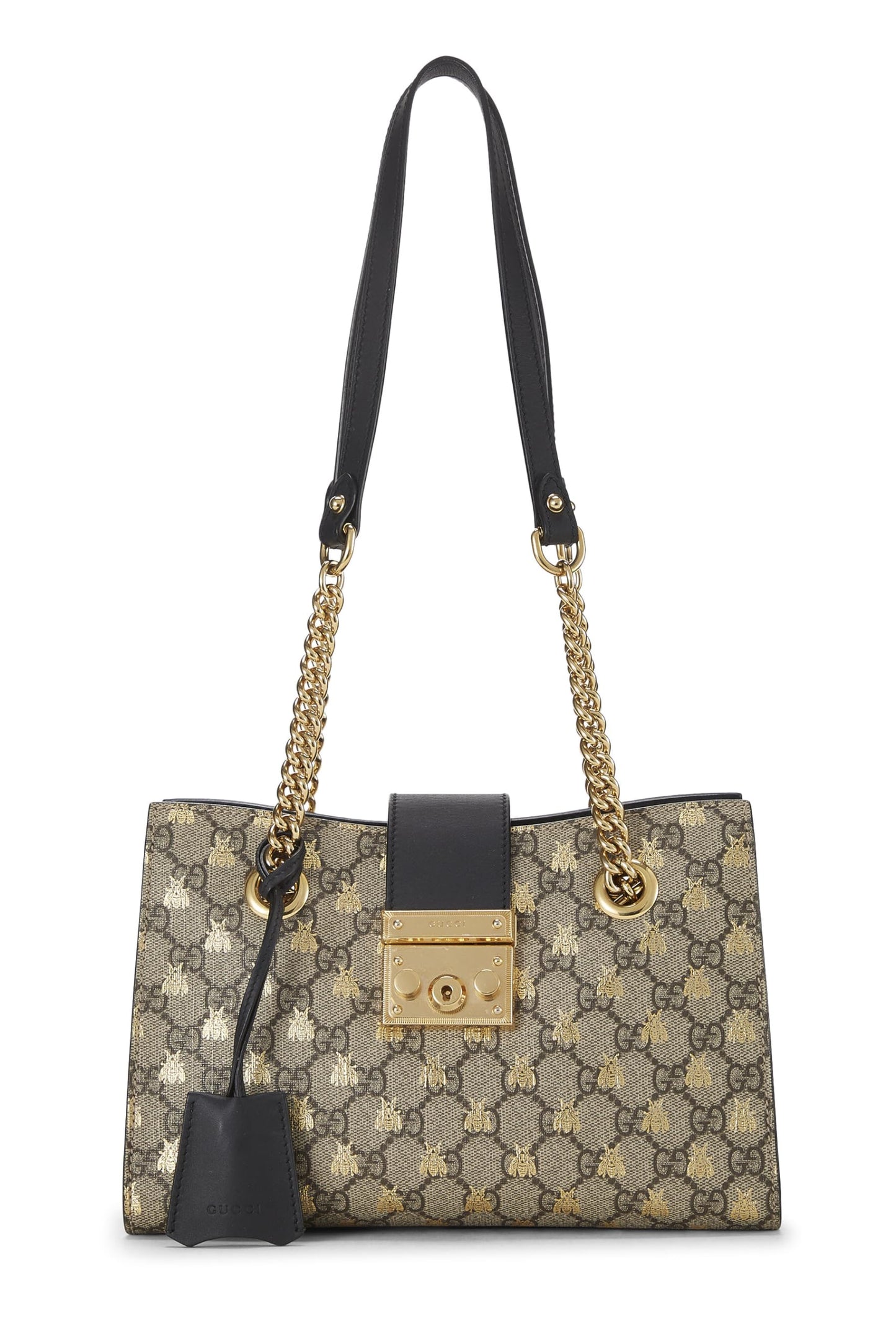 Gucci,  Black Original GG Supreme Canvas Bee Padlock Tote Small, Black