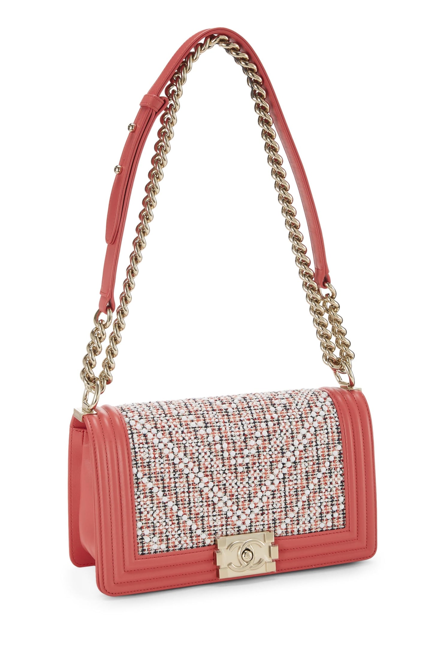 Chanel,  Pink & Multicolor Tweed Chevron Pearl Boy Bag Medium, Pink