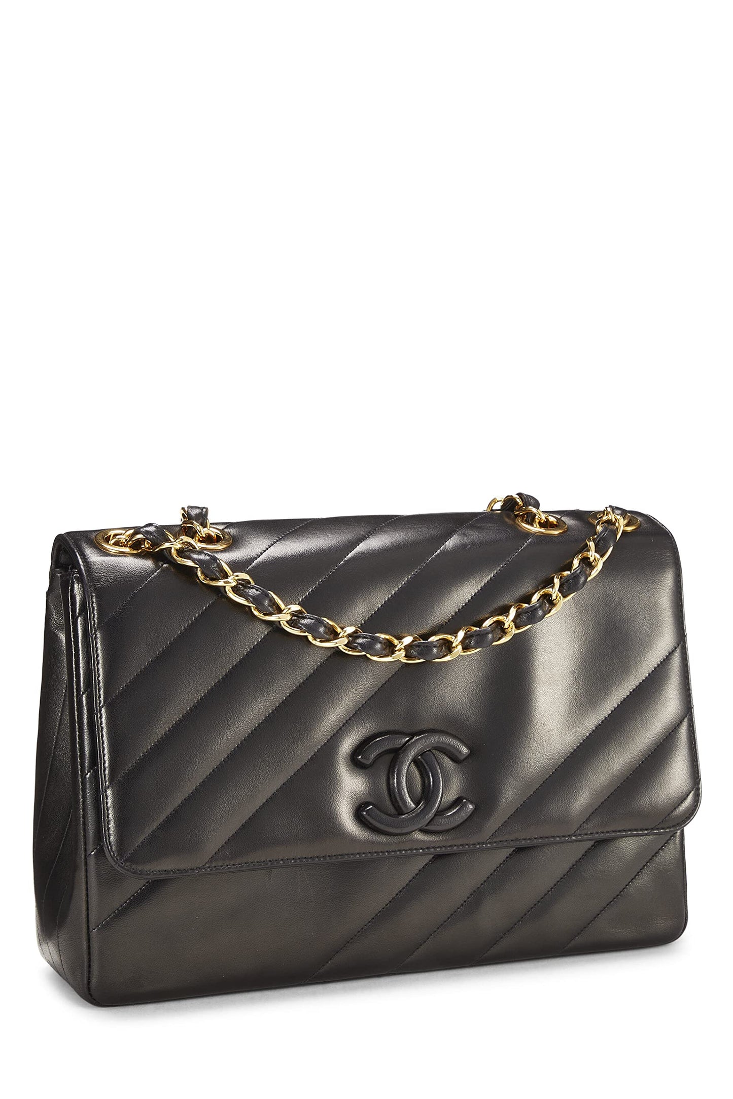 Chanel,  Black Diagonal Lambskin Flap Jumbo, Black