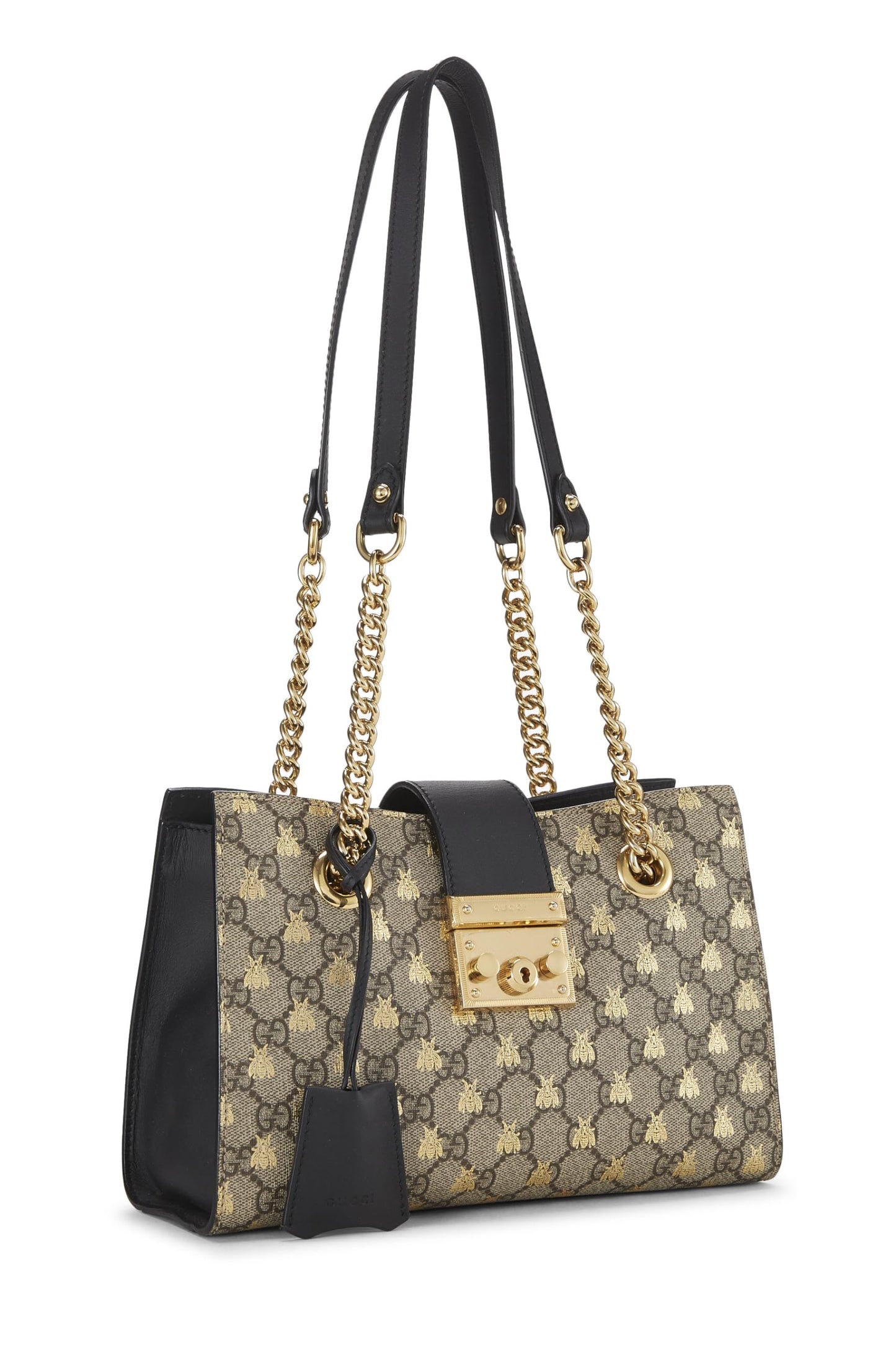 Gucci,  Black Original GG Supreme Canvas Bee Padlock Tote Small, Black