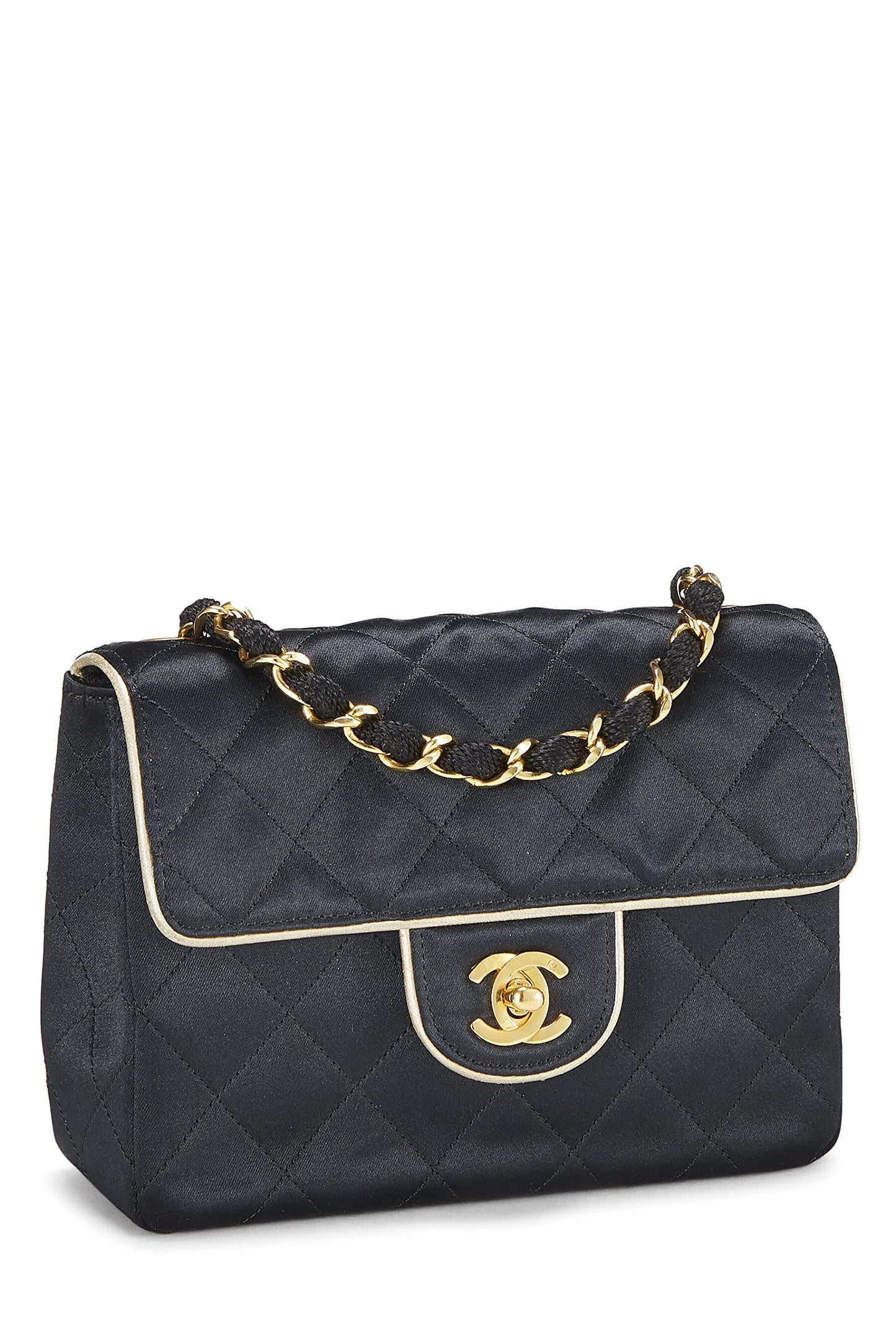 Chanel,  Black Quilted Satin Piped Half Flap Mini, Black
