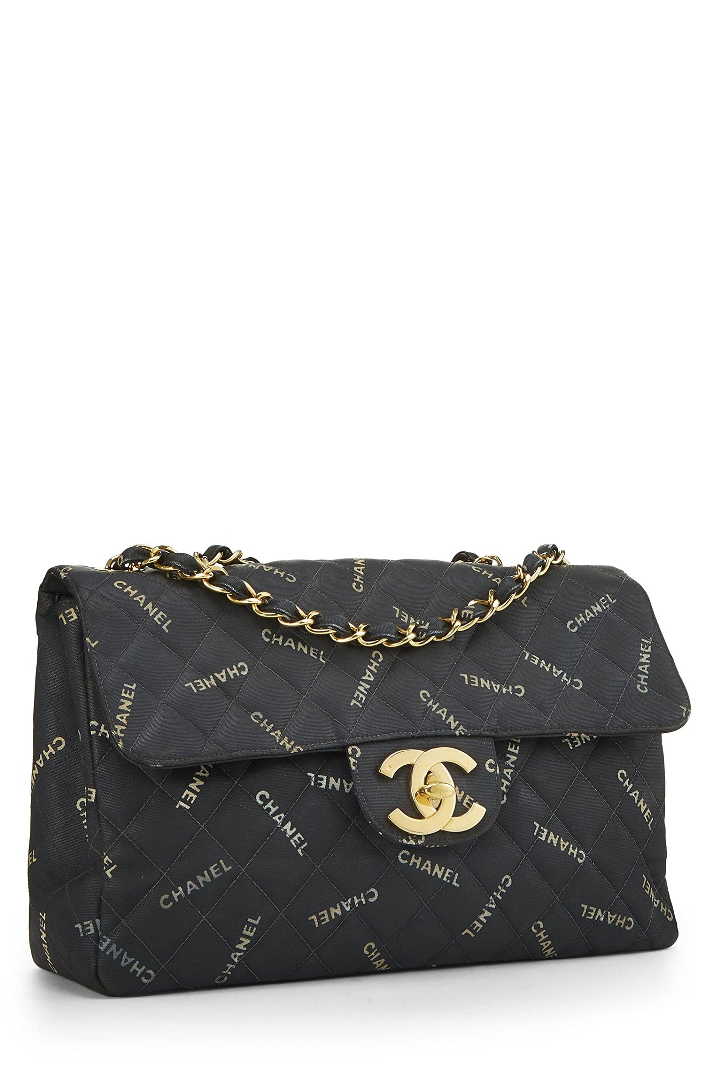 Chanel,  Black Canvas Logo Half Flap Maxi, Black