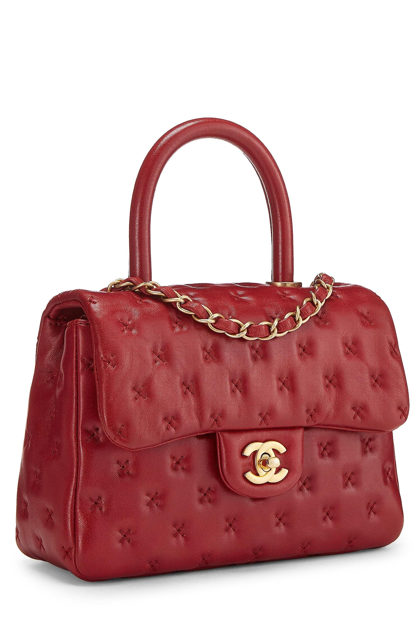 Chanel,  Red Cross Stitch Lambskin Coco Handle Bag Mini, Red